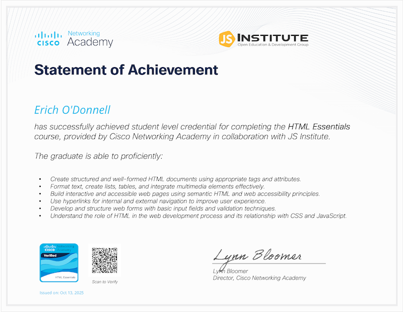 HTML Statement of Achievement